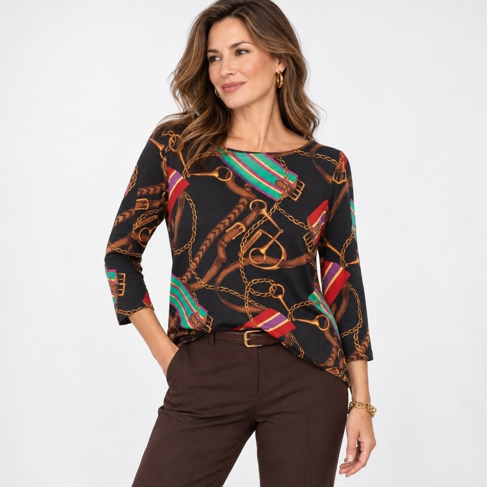 Lauren Ralph Lauren Equestrian Top Womens L Black Horse Bit Chain Print T Shirt